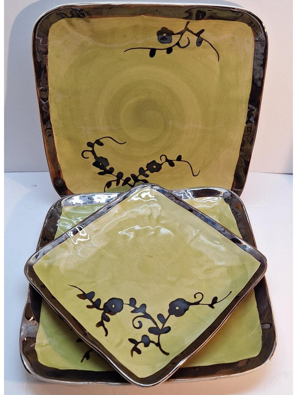 Joshua Maxwell Studio Plates Square  Lot 1 Salad, 2 Dinner Stoneware Green Black